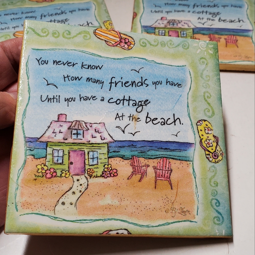 Set of 4 Cottage at the Beach Coasters Coastal Cottagecore Relaxed Living